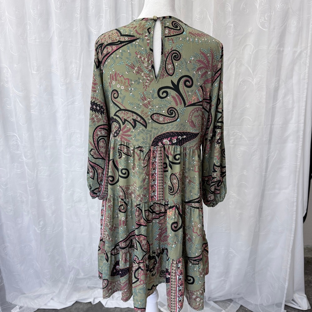 Paani Sage Green Paisley Tiered Babydoll Dress Long Sleeve Boho Mini Small - Picture 3 of 7